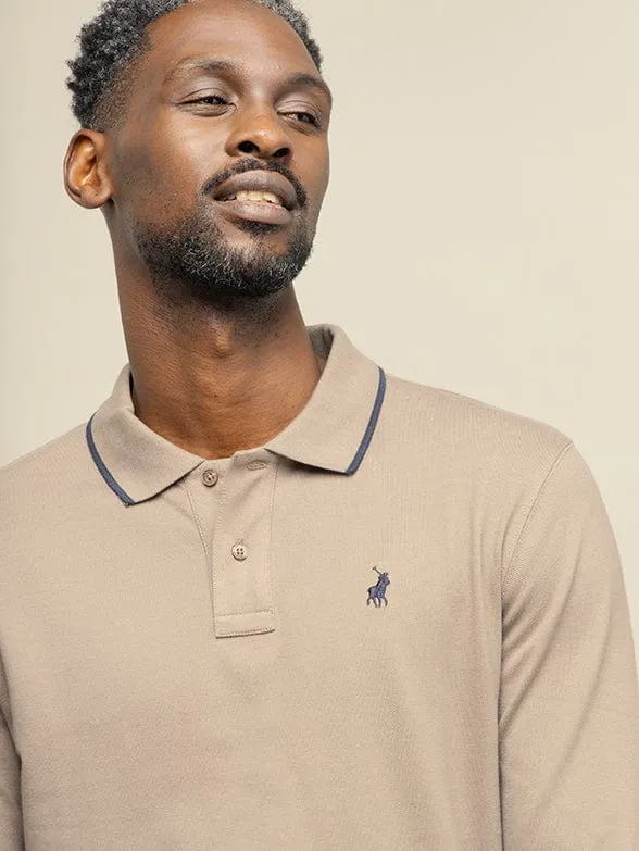Polo Mens Long Sleeve Essential Pique Golfer Taupe