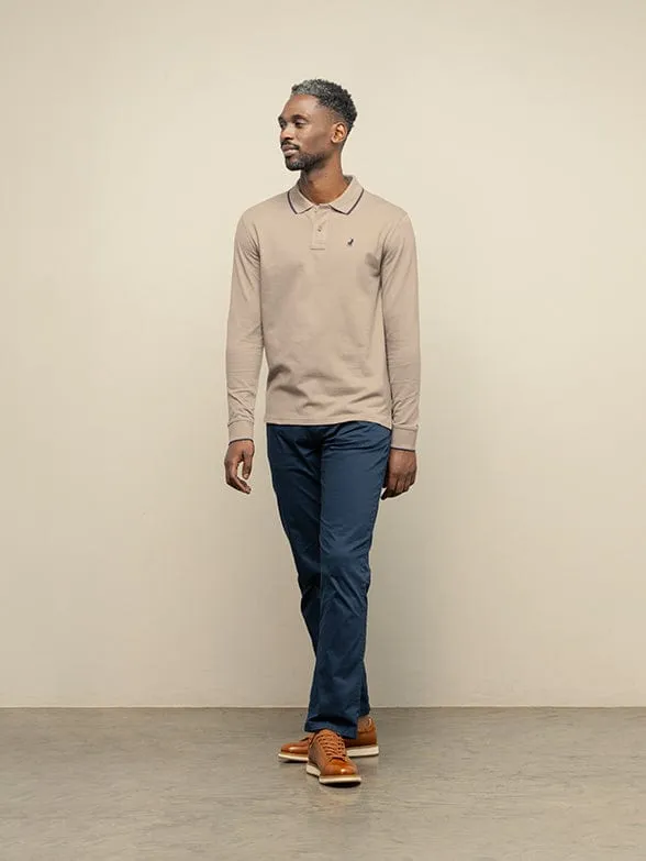 Polo Mens Long Sleeve Essential Pique Golfer Taupe
