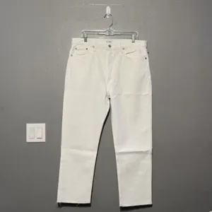 RE/DONE 70s Stove Pipe Straight Leg High Rise Raw Hem Jeans White Button Fly 32