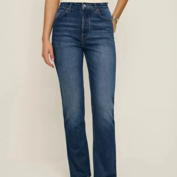 Reformation Cynthia stretch Highrise straight jeans , medium blue, Size 30 L52