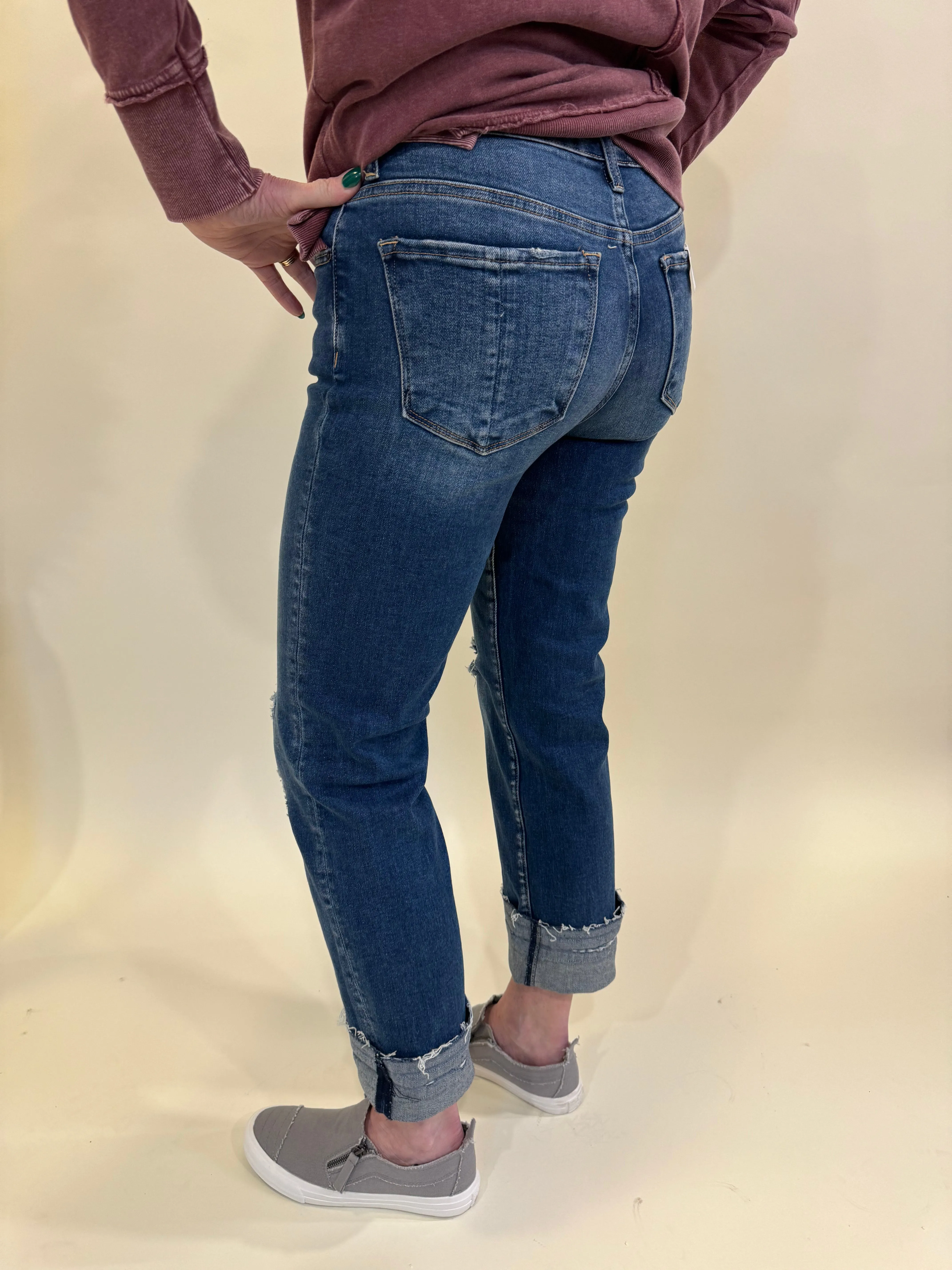 RHIANNON DARK MID RISE SLIM STRAIGHT JEANS LIGHTLY DISTRESSED