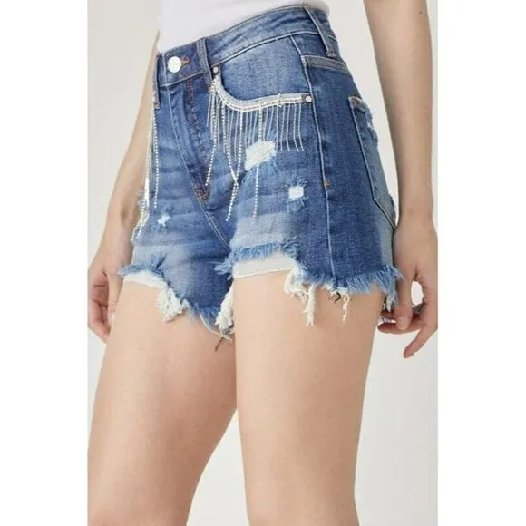 Risen Dark Wash High Rise Rhinestone Diamond Western Shorts S-XL RDS6046
