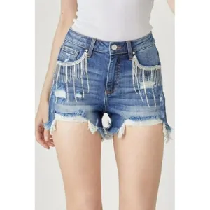 Risen Dark Wash High Rise Rhinestone Diamond Western Shorts S-XL RDS6046