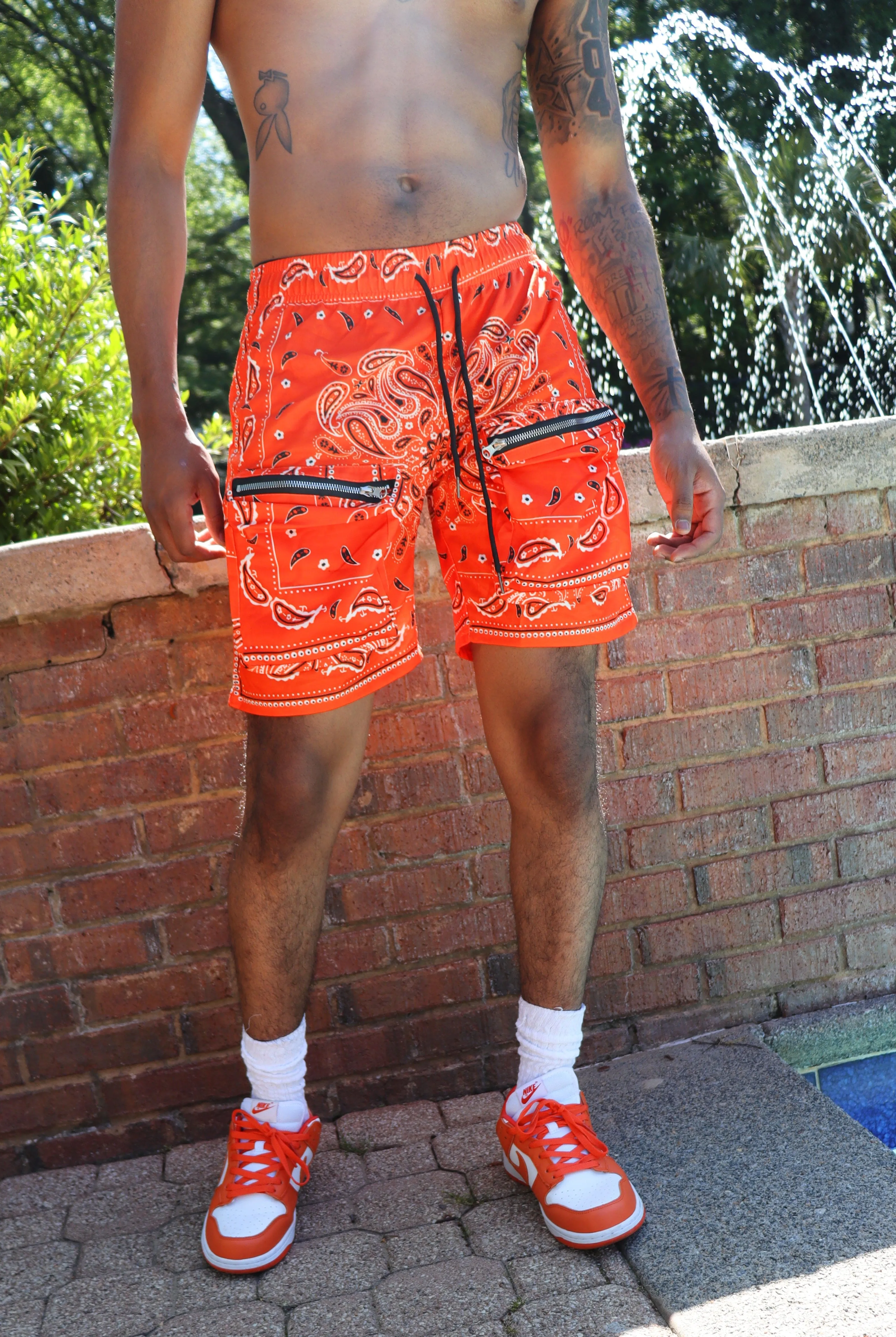 RISKY REWARDS ORANGE BANDANA CARGO POCKET SHORTS