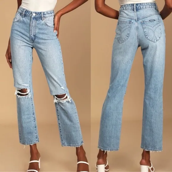 ROLLA’S Women’s High Rise Original Straight Leg Distressed Knee Jeans