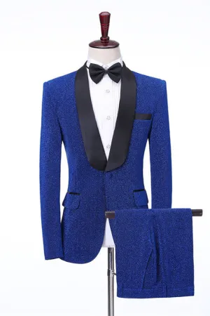 Royal Blue Shawl Lapel Shiny Slim Fit Wedding Men Suits