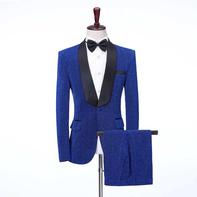 Royal Blue Shawl Lapel Shiny Slim Fit Wedding Men Suits