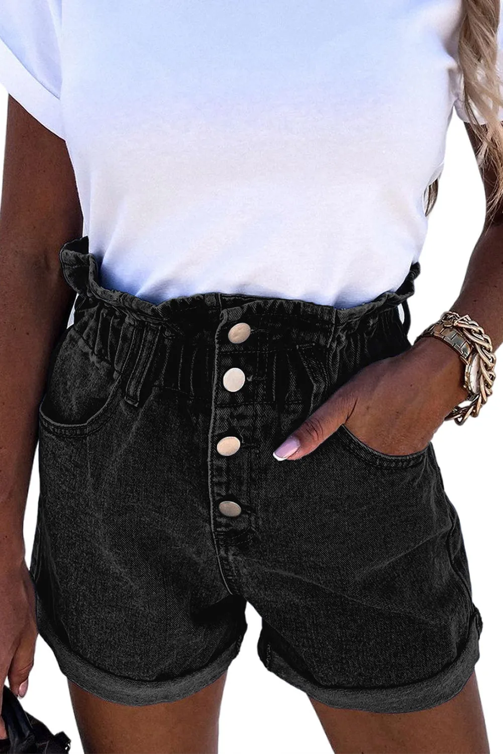 Ruffled High Waist Buttoned Denim Shorts