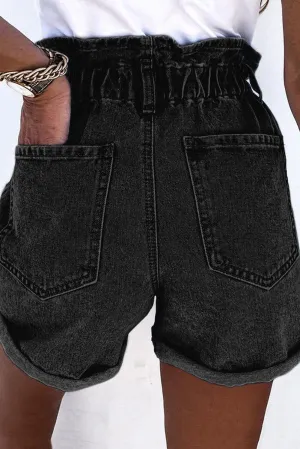 Ruffled High Waist Buttoned Denim Shorts