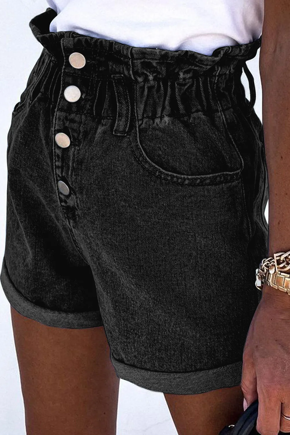 Ruffled High Waist Buttoned Denim Shorts