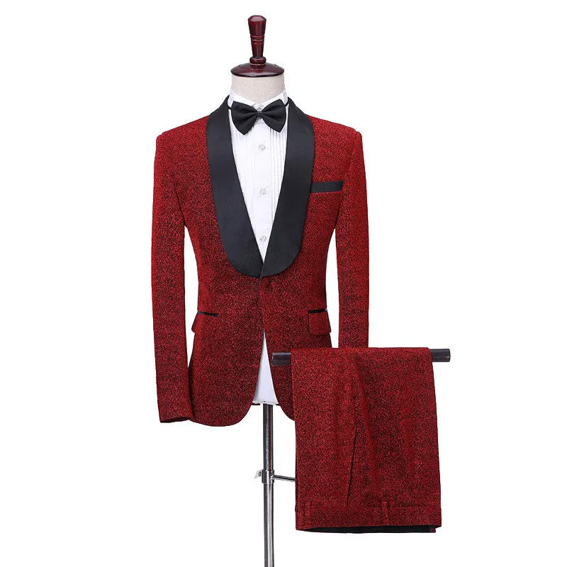 Shiny Red Shawl Lapel One Button Slim Fit Men Suits Online