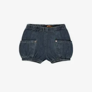 Short coupe décontractée en denim léger bleu foncé, bébé  || Relaxed fit short in light dark denim, baby