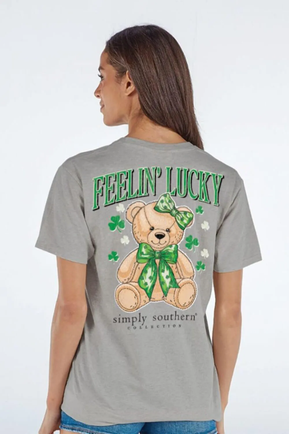 Simply Southern Lucky Teddy T-shirt for Women in Heather Grey | SS-LUCKYTEDDY-STORMHTHR
