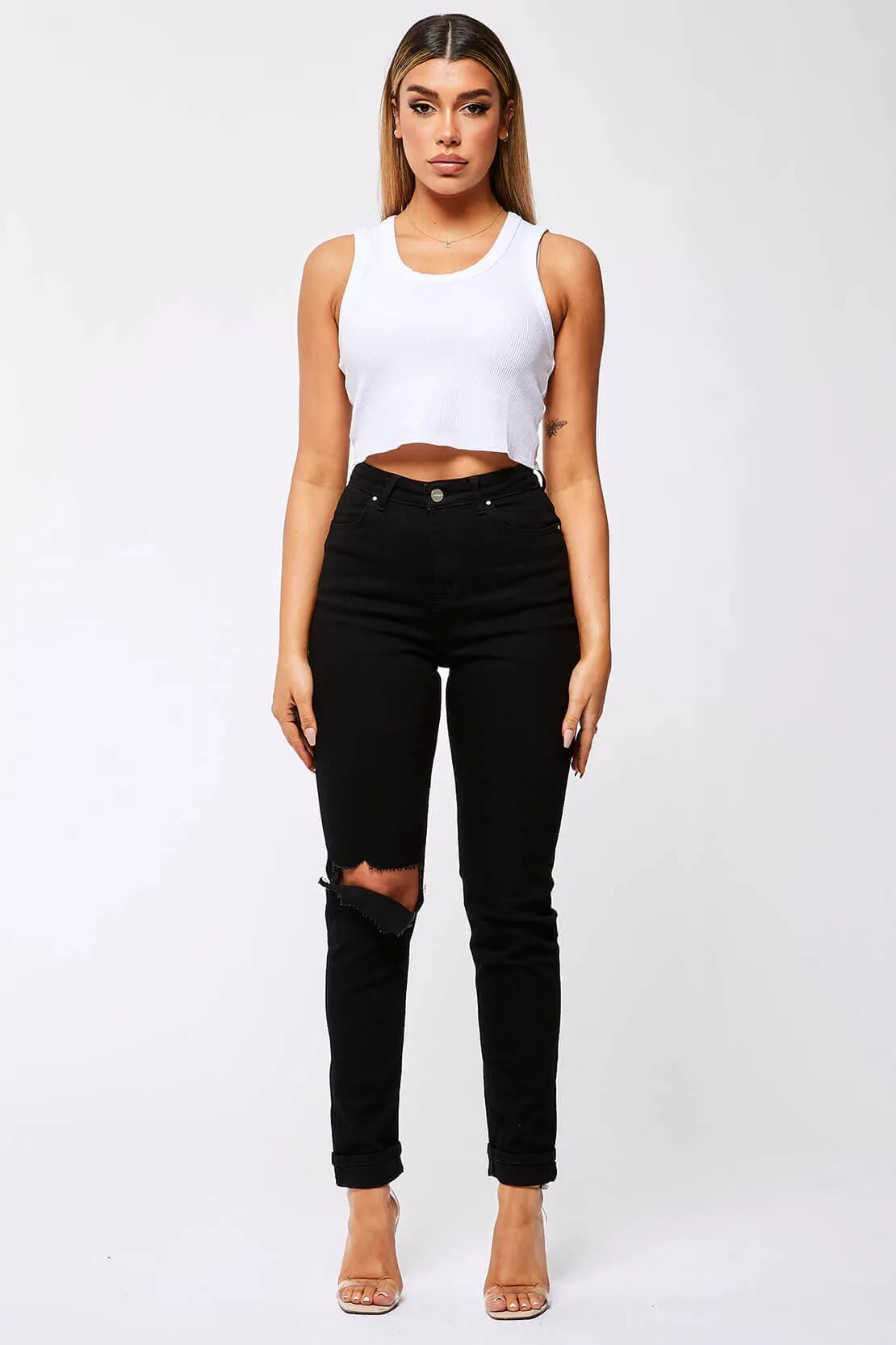 STRAIGHT LEG JEANS - BLACK DESTROYED LEFT KNEE