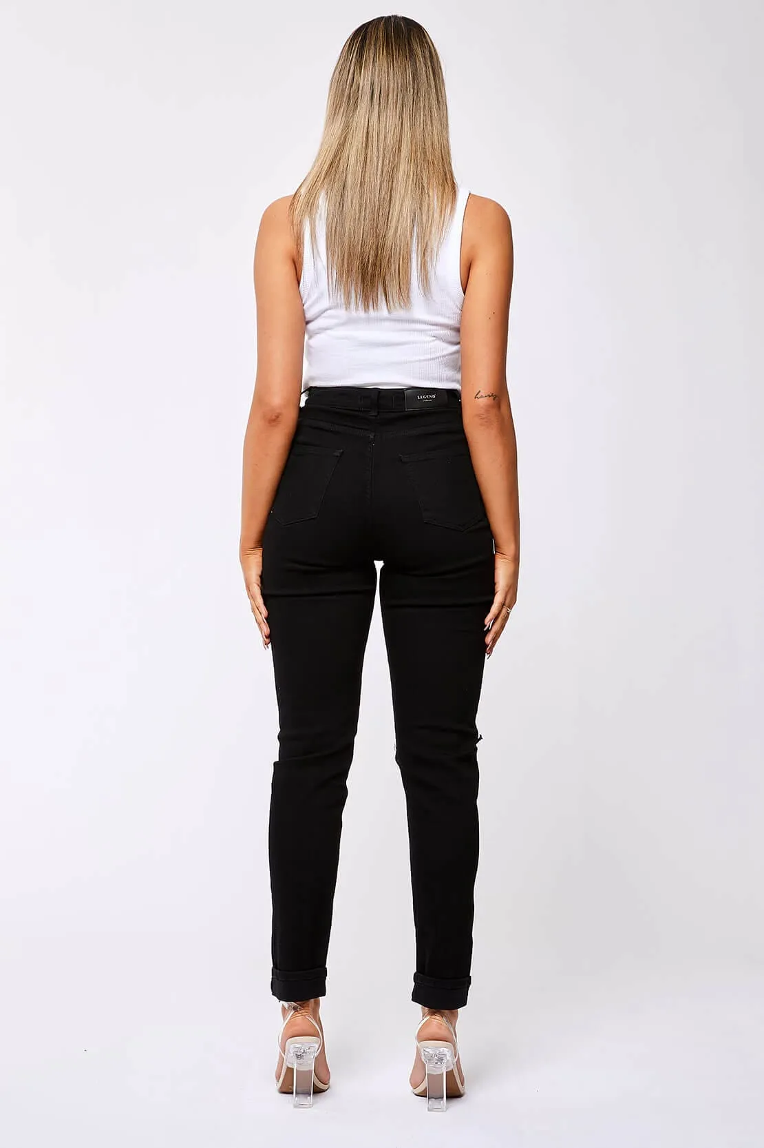 STRAIGHT LEG JEANS - BLACK DESTROYED LEFT KNEE