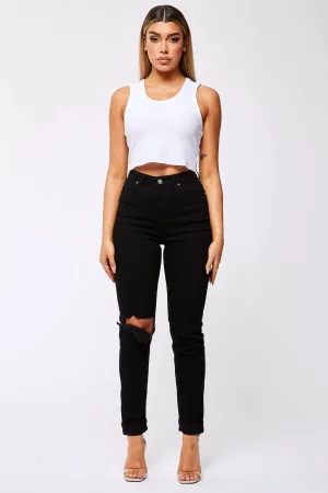 STRAIGHT LEG JEANS - BLACK DESTROYED LEFT KNEE