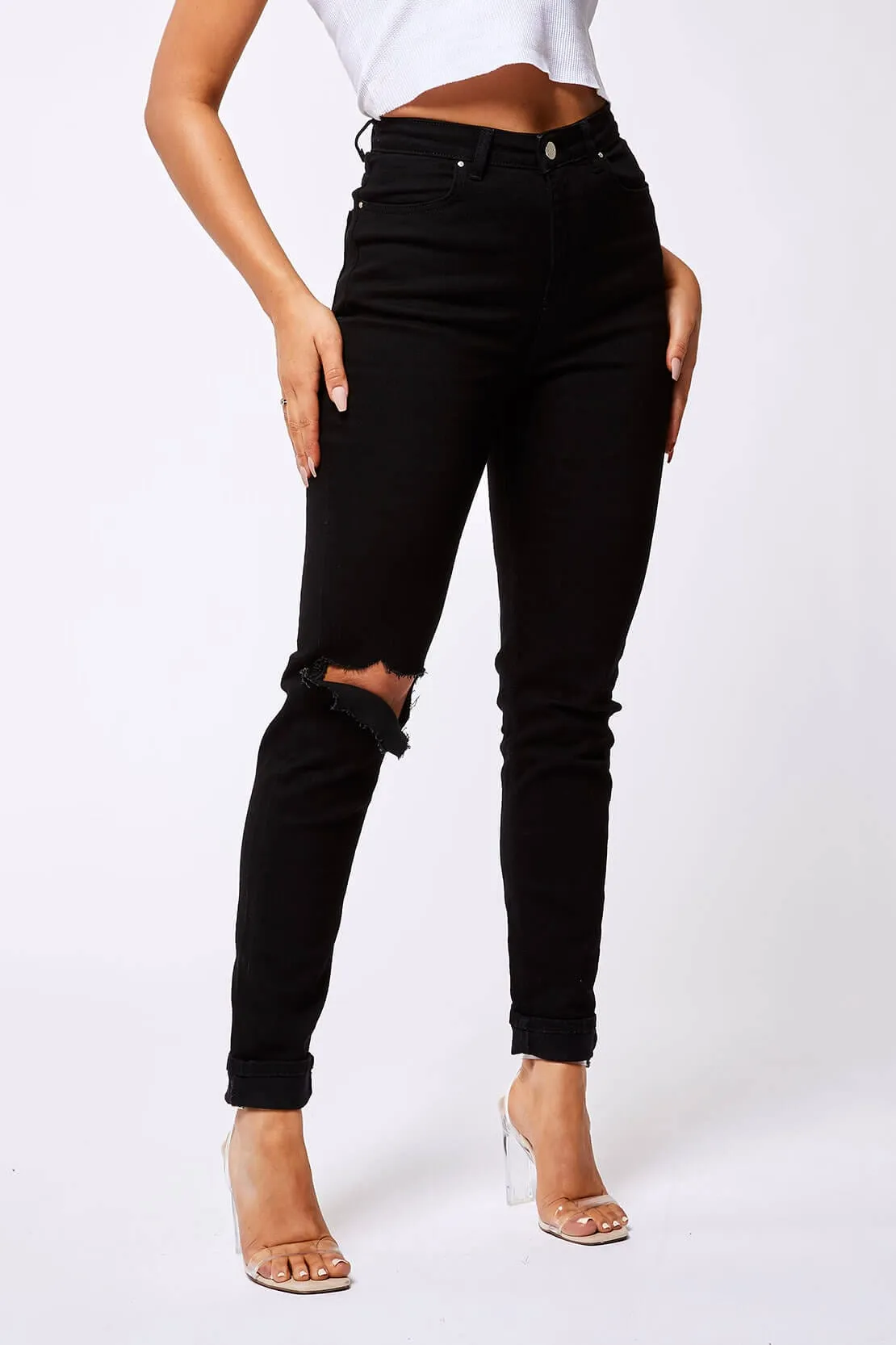 STRAIGHT LEG JEANS - BLACK DESTROYED LEFT KNEE