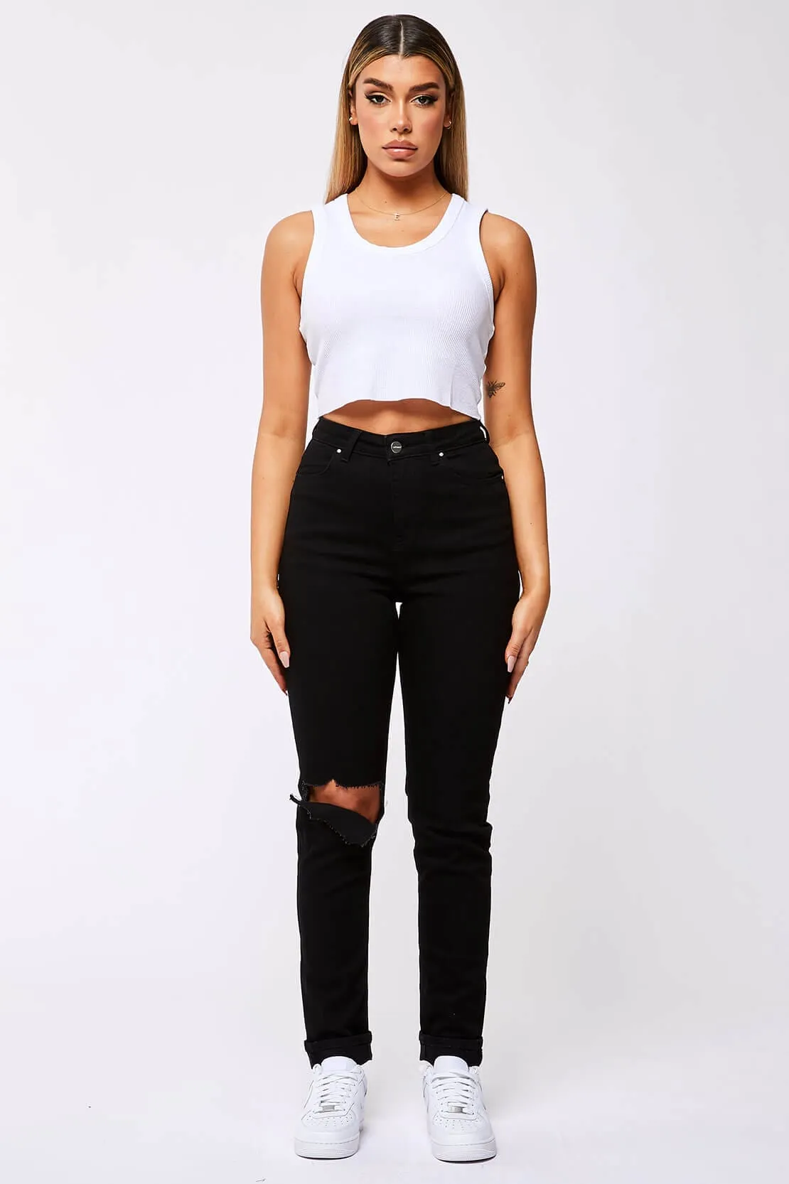 STRAIGHT LEG JEANS - BLACK DESTROYED LEFT KNEE