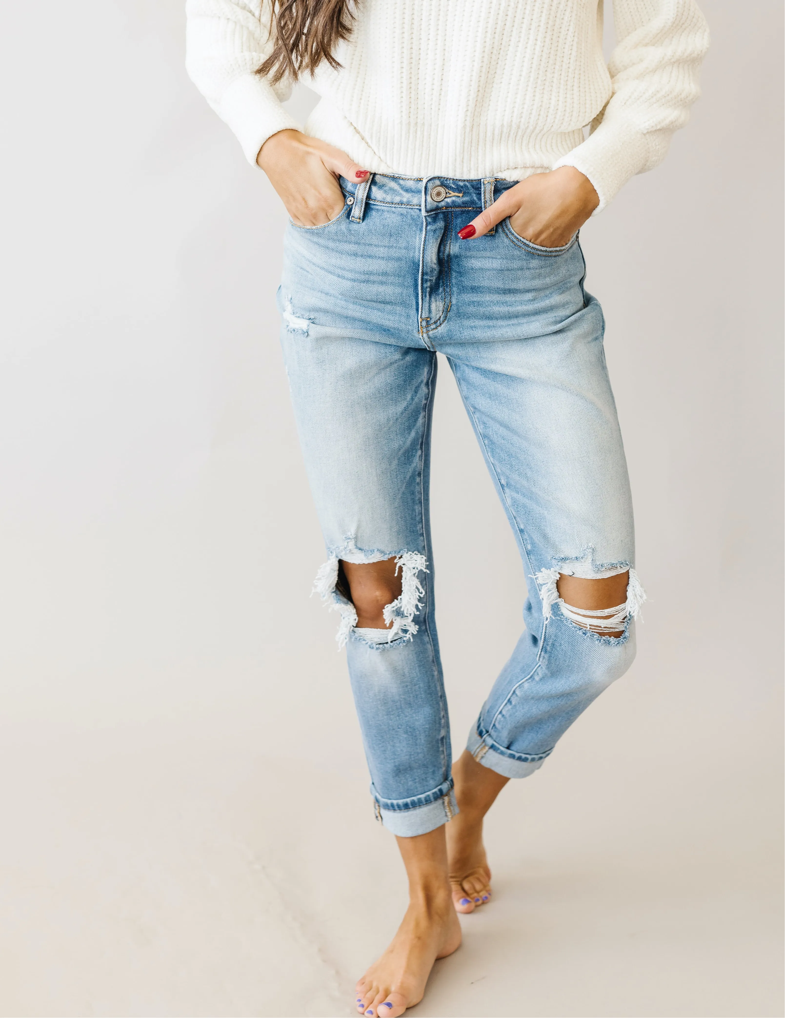 Too Much Love KanCan High Rise Relaxed Distressed Light Wash Jeans