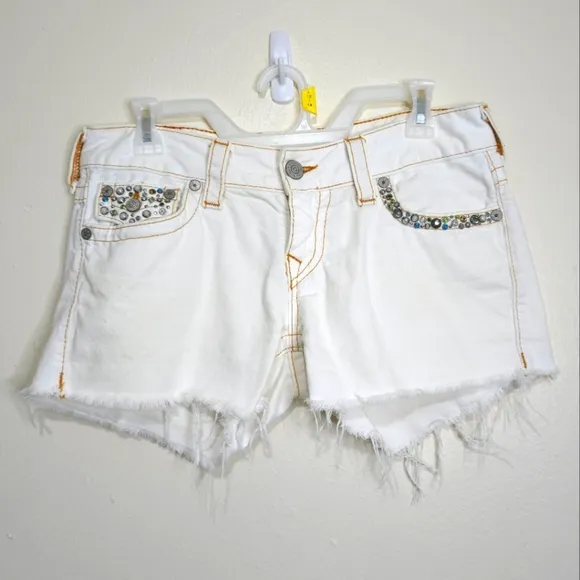 True Religion Y2K Keira Studded Embellished White Denim Short Shorts Womens 8/29