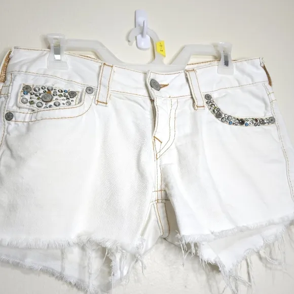 True Religion Y2K Keira Studded Embellished White Denim Short Shorts Womens 8/29