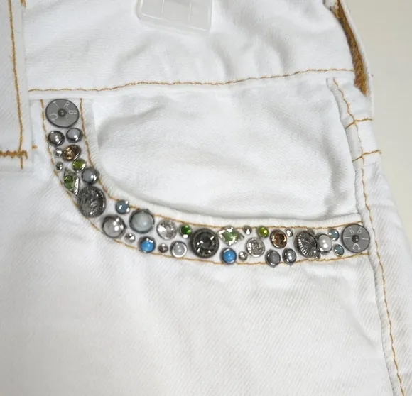True Religion Y2K Keira Studded Embellished White Denim Short Shorts Womens 8/29