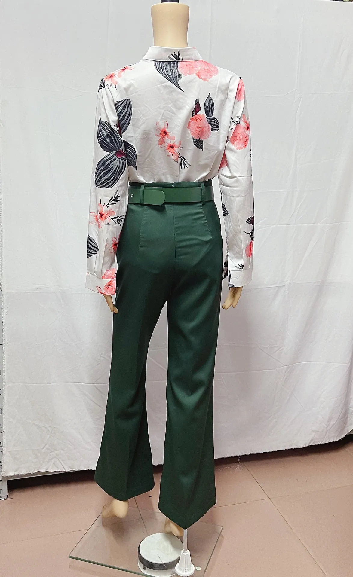 Women Long Sleeve Flower Print Buttoned Shirt & High Waist Pants Set