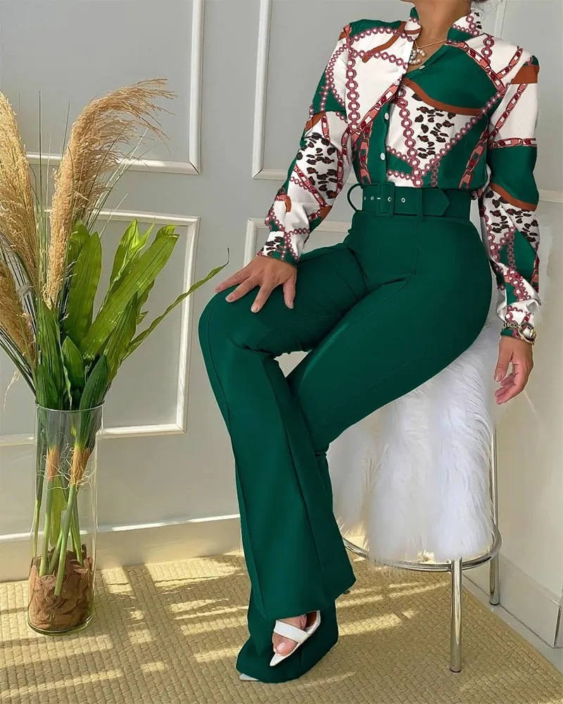 Women Long Sleeve Flower Print Buttoned Shirt & High Waist Pants Set