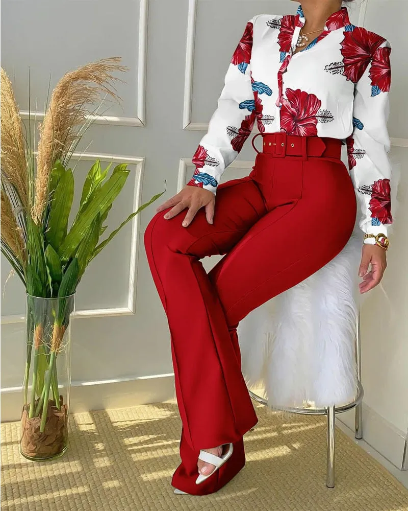 Women Long Sleeve Flower Print Buttoned Shirt & High Waist Pants Set