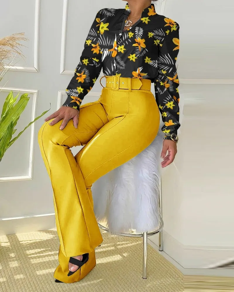 Women Long Sleeve Flower Print Buttoned Shirt & High Waist Pants Set