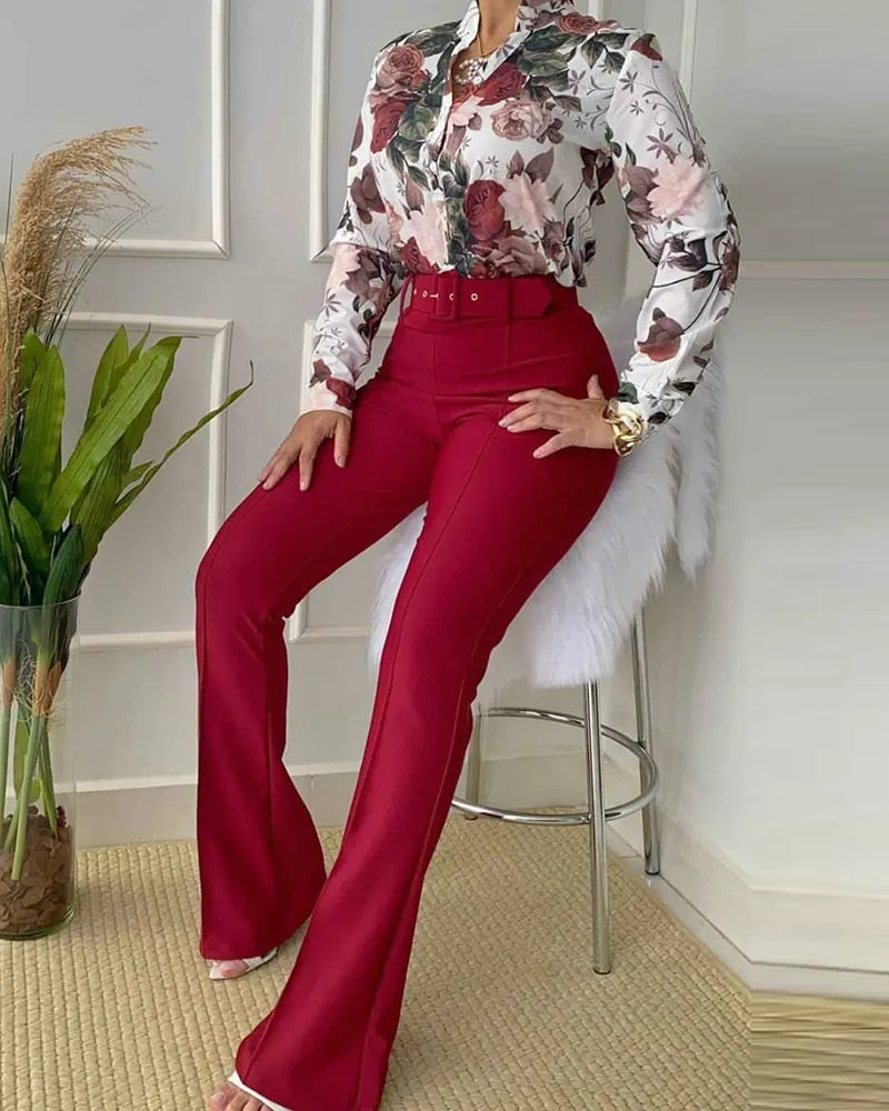 Women Long Sleeve Flower Print Buttoned Shirt & High Waist Pants Set