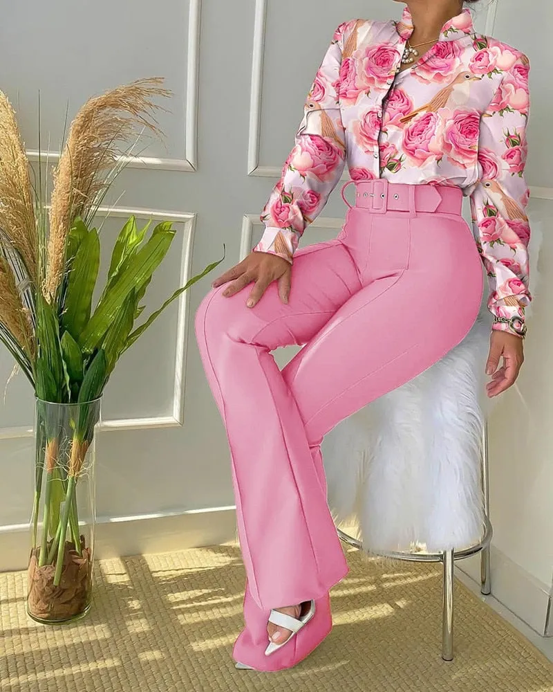 Women Long Sleeve Flower Print Buttoned Shirt & High Waist Pants Set
