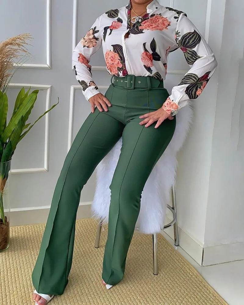 Women Long Sleeve Flower Print Buttoned Shirt & High Waist Pants Set