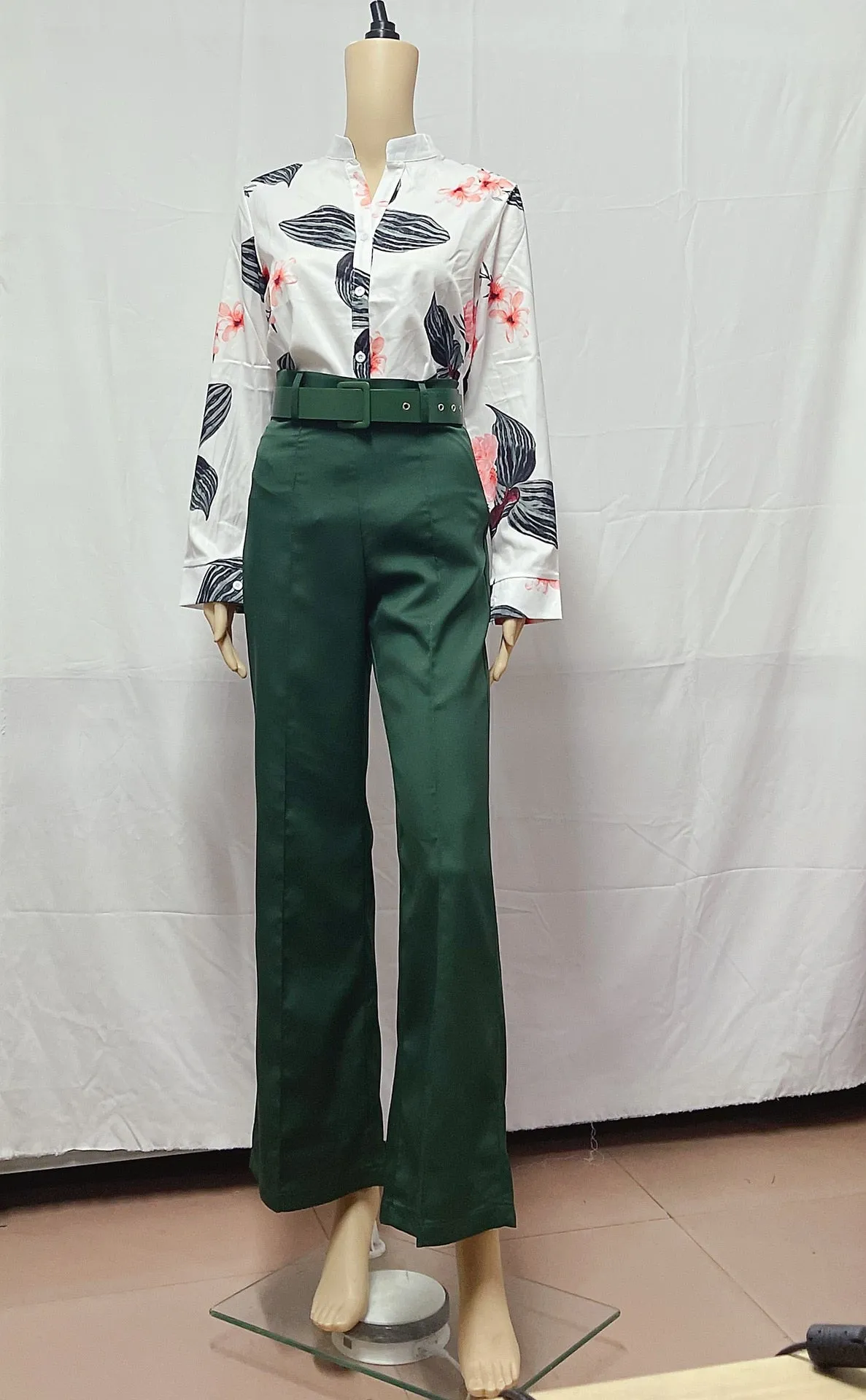 Women Long Sleeve Flower Print Buttoned Shirt & High Waist Pants Set