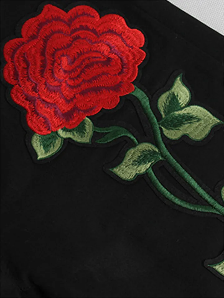 Women's Autumn Season 3D Red Floral Embroidery Slim Fit Jeans
