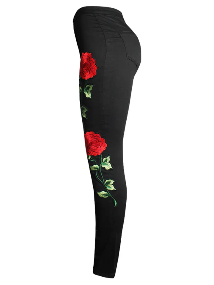 Women's Autumn Season 3D Red Floral Embroidery Slim Fit Jeans