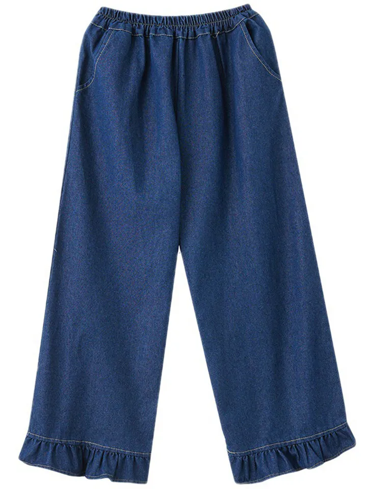 Women's Ruffled Leg Cuff Blue Straight Leg Jeans